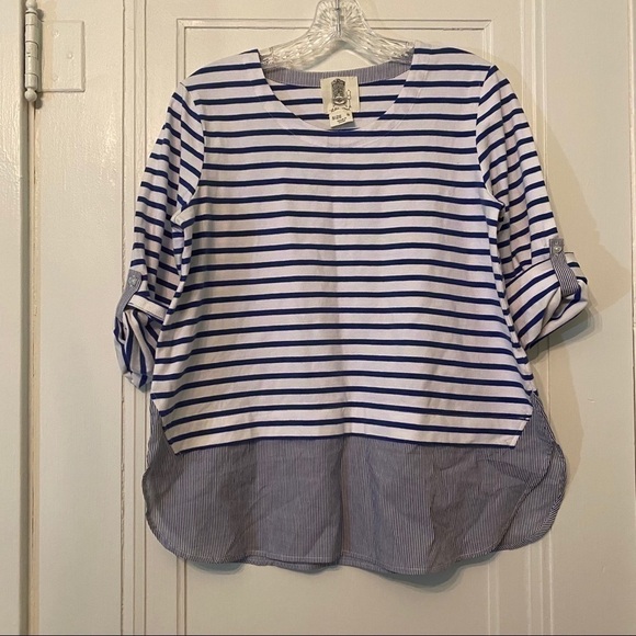 Lili’s Closet Gabbi Blue White Striped Top Layered Hem 3/4 Sleeve Size Small - Picture 5 of 7